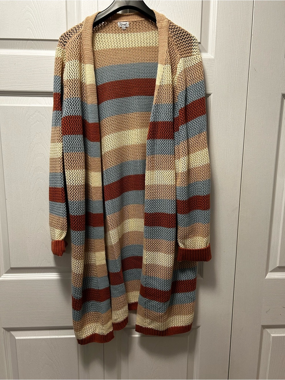 Kismet Striped Open-Front Cardigan in Rust, Blue, Cream, Tan